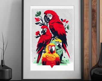 抽象的なコンゴウインコのアートプリント：熱帯のオウムの絵画