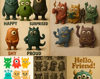 Paquete de imágenes prediseñadas / Conjunto de PNG de monstruos de arcilla / Emociones y poses para pegatinas, manualidades y regalos.