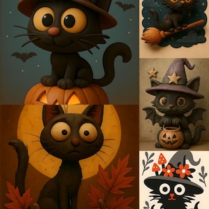 Cute Black Cat Halloween Sublimation | Witch Hat, Pumpkin & Broom Printable PNG JPEG | Spooky Cute Digital Download. Printable Instant Art.