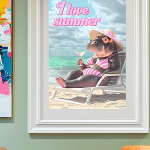 Kocham Letnie Hipopotamy Wall Art. Urocze Rysunkowe Zwierzęta Plażowe Do Wydruku, Tropikalne Bikini Hipopotamy Dekoracje, Zabawny Plakat Zwierzęcy Lato Dla Dzieci I Przedszkola