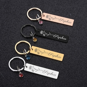 Llavero personalizado con flor de nacimiento y nombre grabado con letra inicial, regalo de cumpleaños para ella y él, llaveros con piedra de nacimiento personalizados