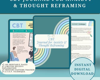 Hojas de trabajo de TCC para adultos / Diario de terapia imprimible para aliviar la ansiedad / Cuaderno de registro diario de pensamientos y regulación emocional