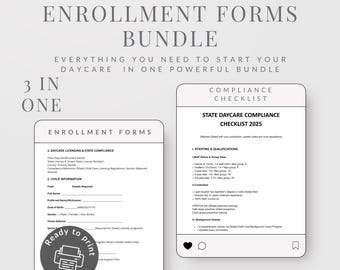 Può includere: Un pacchetto di moduli di iscrizione all'asilo nido, una lista di controllo della conformità e un manuale per i genitori. I moduli includono sezioni per le licenze, le informazioni sui bambini e la conformità statale. Il testo "Ready to print" è visibile.