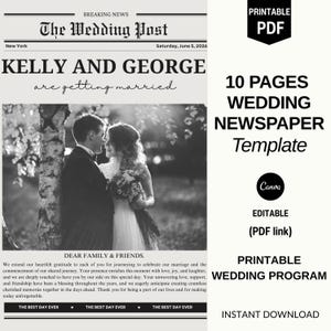 Könnte beinhalten: Eine Vorlage für eine Hochzeitszeitung mit der Überschrift „KELLY AND GEORGE heiraten“. Das Design enthält ein Schwarz-Weiß-Foto eines Paares mit dem Text „10 PAGES WEDDING NEWSPAPER Template“ und „PRINTABLE WEDDING PROGRAM“.