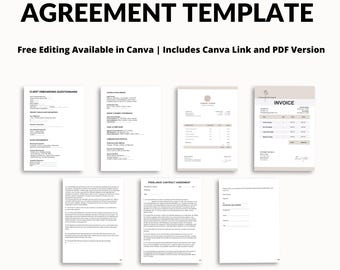 Può includere: Un modello digitale intitolato "FREELANCER CONTRACT AGREEMENT TEMPLATE" con il testo "Free Editing Available in Canva | Includes Canva Link and PDF Version." L'immagine mostra diversi esempi di documenti, tra cui un questionario e una fattura. Le parole "Instant Download" sono in basso.