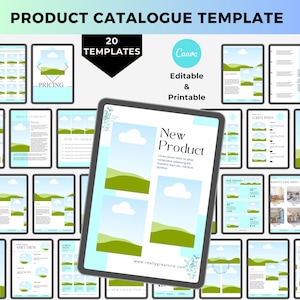 Puede incluir: Una plantilla de catálogo de productos con 20 plantillas, con una tableta que muestra una página de "Nuevo producto". El diseño incluye colinas verdes, cielos azules y el logotipo de Canva. El texto "Editable & Imprimible" también es visible.