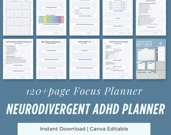 Planificador imprimible para adultos con TDAH / Diario de enfoque neurodivergente, registro de hábitos y cuaderno de regulación emocional (PDF)