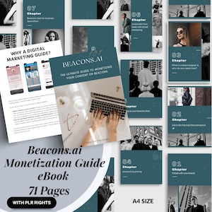 Könnte beinhalten: Ein digitales Marketing-Handbuch mit dem Titel "Beacons.ai Monetization Guide eBook" mit 71 Seiten. Das Cover zeigt einen Laptop, eine Brille und Text. Zusätzliche Seiten beschreiben Marketingstrategien. Der Leitfaden hat das Format A4 und beinhaltet PLR-Rechte.