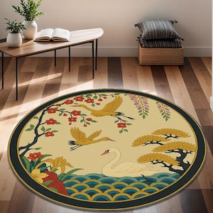 Japanese Crane Round Rug,Asian Inspired Bird And Flower Motif Rug - Nature Art Rug - Boho Oriental Rug - Custom Printed Circle Rug,Round Rug