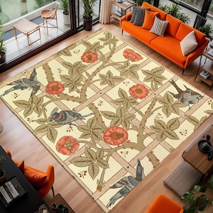 William Morris Botanical Rug | Arts & Crafts Floral Bird Rug | Vintage Style Nature-Inspired Area Rug for Living Room Decor, Washable Rug