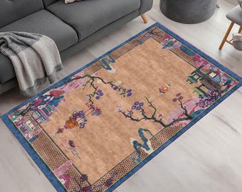 Oriental Chinese Style Printed Rug,Vintage Plum Blossom & Pagoda Design,Traditional Asian Rug,Area Rug, Chinese Oriental Rug Floor,Soft Rug