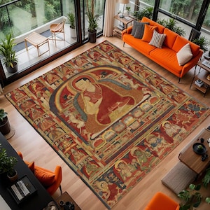 Tibetan Buddha Meditation Rug, Large Mandala Area Rug,Spiritual Boho Floor Rug, Buddhist Thangka Tapestry Rug,Yoga Room Decor,Sacred Art Rug