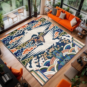 Vintage Korean Crane Embroidery Rug – Joseon Dynasty Inspired Textile Art – Asian Symbolic Wall Hanging or Area Rug,Living Room Rug,Soft Rug