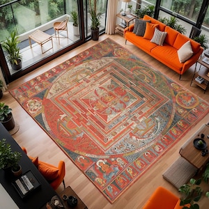 Tibetan Mandala Area Rug, Sacred Geometry Rug,Spiritual Boho Meditation Rug,Large Buddhist Mandala Floor Tapestry,Yoga Room Sacred Art Decor
