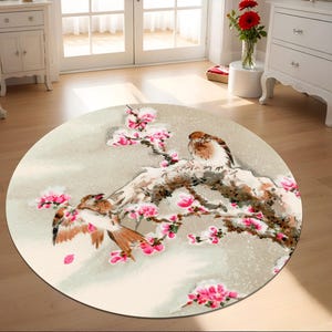 Round Oriental Bird and Blossom Rug – Vintage Chinese Art Style Printed Rug,Plum Flower Round Floor Mat, Asian Decor Rug, Round Rug,Area Rug