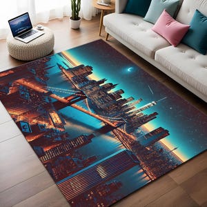 New York City Rug, Brooklyn Bridge View Rug, City Scape City Skyline, Living Room Rug, NYC City, Brooklyn Bridge Rug, Sky and City View Rug