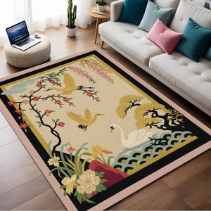 Oriental Bird Floral Rug – Japanese Style Art Rug | Pastel Pink Border | Crane & Tree Design, Swan Pattern Rug, Print Rug, Living Room Rug