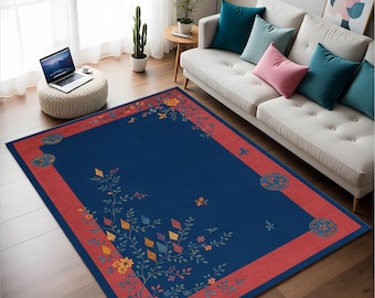 Marineblauw art-decovloerkleed: gebloemd vlinderontwerp, vintage stijl