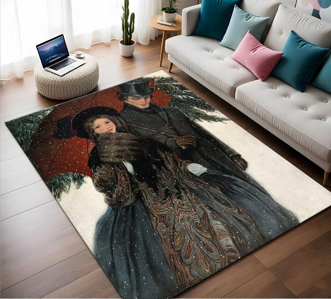 Vintage Look Romantic Rug, Art Deco Area Rug, Couple Under Umbrella Rug ...