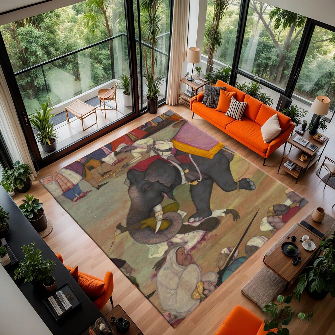 Vintage Elephant Scene Rug, Indian Miniature Art, Boho Living Room ...