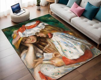 May include: A vintage-style rug featuring a painting of two girls, one wearing a red and white hat, the other holding a book. The rug has a green background and a floral pattern.
