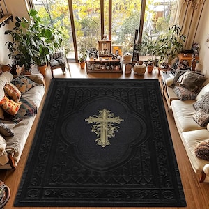 Black Gothic Cross Rug, Gold Christian Symbol Carpet, Vintage Church Style Area Rug