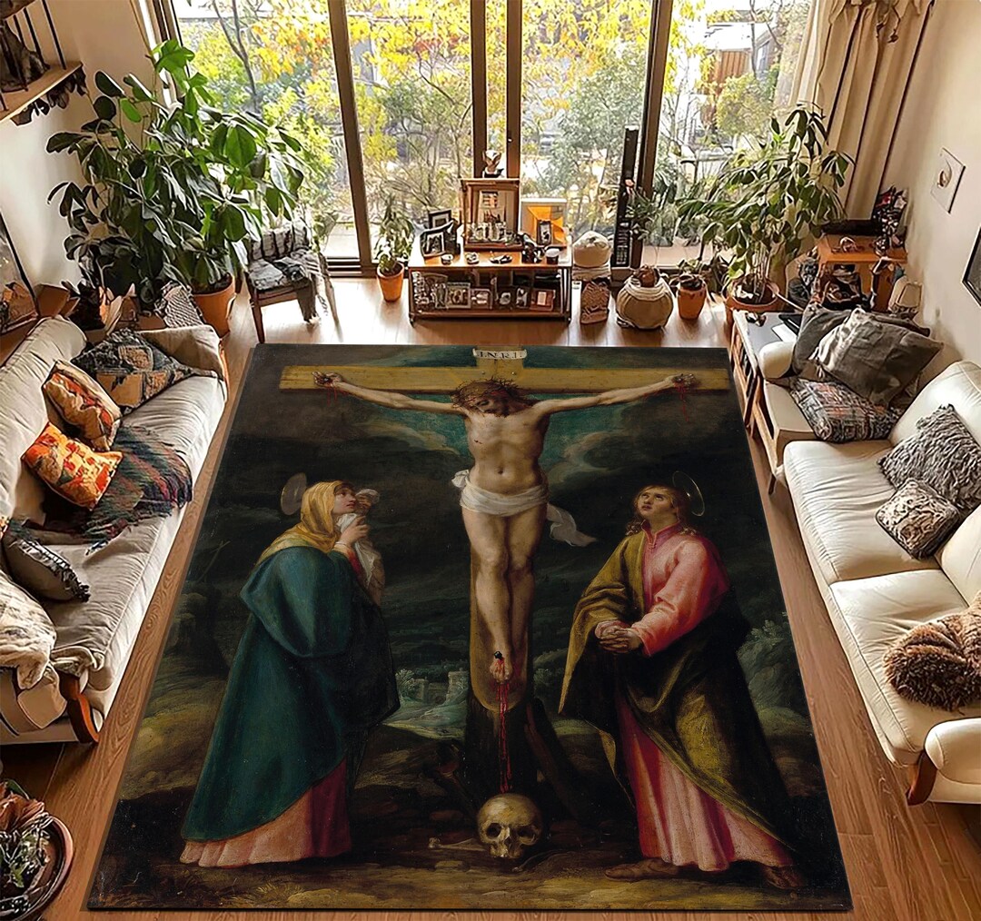 Jesus Rugs Graphics Crucifixion Art Rug, Vintage Style Religious Carpet, Jesus Christ ...