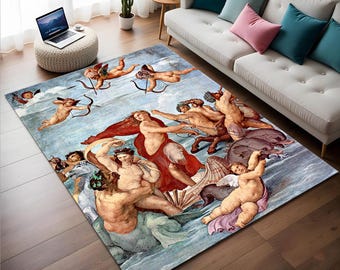 May include: A rectangular area rug featuring a Renaissance-style painting with figures in shades of tan, red, and blue. The artwork depicts multiple figures, including cherubs with bows and arrows, set against a blue sky background. The rug is placed in a living room setting.