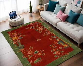 Vintage Chinese Style Rug, Asian Pattern Hand-Woven Look Rug - Red Green Floral Rug - Bohemian Home Decor Rug - Rug for Living Room,Soft Rug