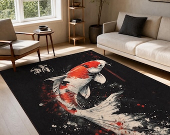 Japanese Koi Fish Rug, Zen Area Rug, Black Oriental Carpet, Sumi Ink Style Rug, Asian Decor, Modern Living Room Rug, Beach Decor, Bamboo Rug