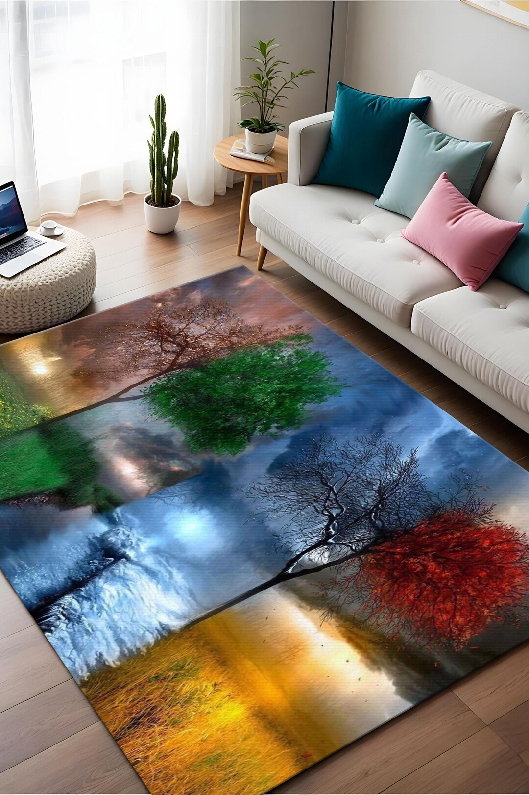 Tree Rug Modern Four Seasons Tree Rug: Colorful Nature Theme, Bamboo Fiber - Etsy