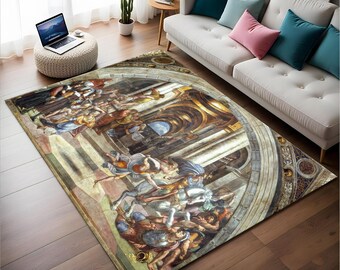 May include: A rectangular rug with a detailed painting of a scene from the Renaissance. The rug features a large, ornate archway with figures in the foreground. The rug is a warm brown color with gold accents.