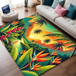 May include: A tropical-themed area rug with a vibrant sunset scene, palm trees, and lush green foliage. The rug features a variety of colors, including orange, yellow, green, and red.