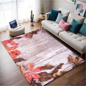 Leaf Patterned Rug, Autumn Patterned Living Room Rug, Dry Leaf Patterned Rug, Wipeable Bamboo Rug, With Non-Slip Base Rug, Home Gift Rug