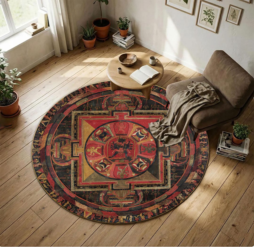 Round Tibetan Mandala Rug,buddhist Area Rug, Boho Spiritual Carpet