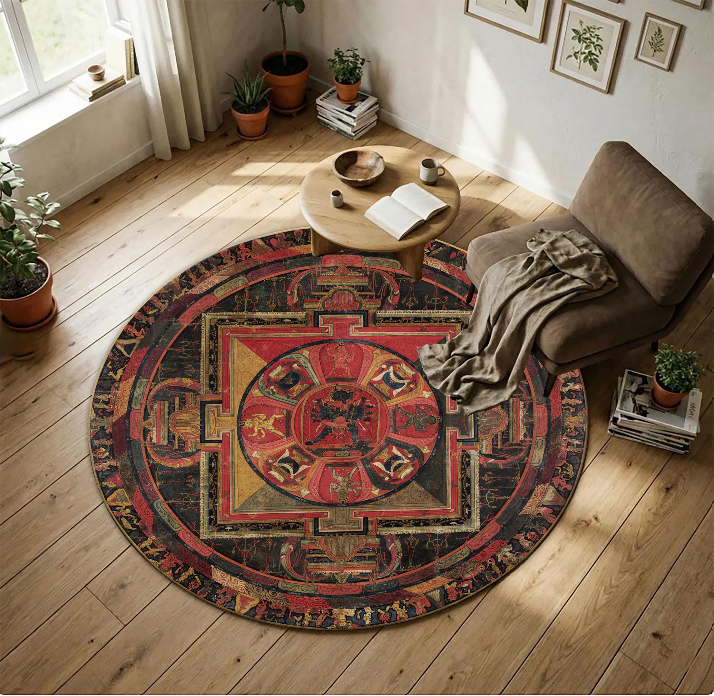 Round Tibetan Mandala Rug,buddhist Area Rug, Boho Spiritual Carpet