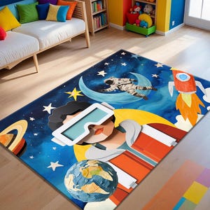 Alfombra de dibujos animados de planetas espaciales, alfombra de astronauta, alfombra de galaxia, alfombra para habitación de niños, alfombra para guardería, regalo para niños, alfombra fantástica, alfombra científica, alfombra solar, alfombra de juegos