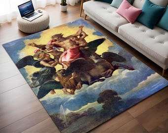 May include: A colorful rug with a painting of a group of figures in a sky with clouds. The figures are surrounded by wings and a lion. The rug has a blue, green, and brown color scheme.