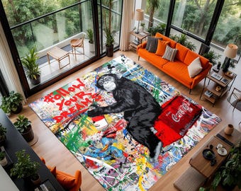 Graffiti Monkey Rug, Street Art Area Rug, Urban Pop Art Carpet, Colorful Modern Living Room Decor, Coca Cola Ape Rug, Soft Rug,Print Rug