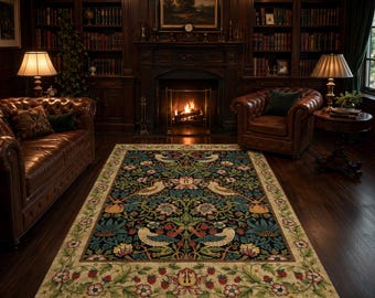 William Morris Strawberry Thief Rug, Vintage Botanical Bird Carpet, Arts Crafts Floral Area Rug