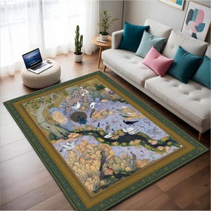 Bird Pattern Floor Rug, Colorful Animal Art Rug, Boho Nature Area Rug – Vintage Look Rug for Home Living Room or Bedroom Decor, Washable Rug