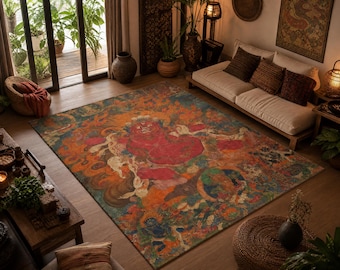 Tibetan Buddhist Rug, Red Guardian Deity Carpet, Spiritual Meditation Rug, Japanese Art Area Rug, Bohemian Home Decor, Printed Rug