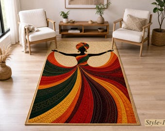 May include: A rectangular area rug featuring a central silhouette of a person with arms outstretched, wearing a headwrap and a flowing, multi-colored dress with radiating stripes in shades of red, orange, yellow, green, and dark brown.