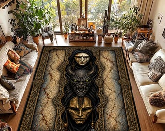 Gothic Mask Rug, Dark Fantasy Area Rug, Ancient Stone Faces Carpet, Mystical Gothic Decor, Medieval Art Floor Rug,Bamboo Rug, Gothic Carpet
