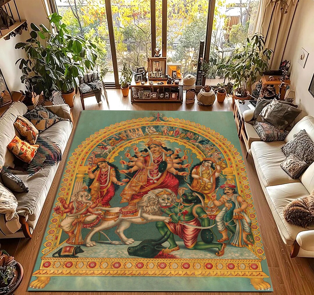 Durga Rugs Durga Goddess Rug, Vintage Bengal Calcutta Design, Spiritual Mandala ...