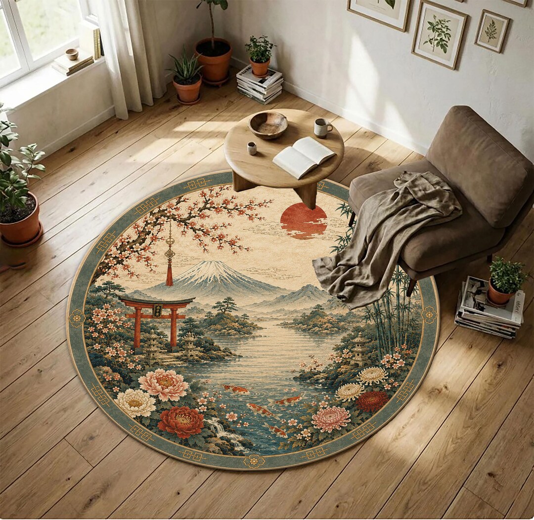 Japanese Landscape Round Rug,mount Fuji Area Rug, Asian Zen Decor ...