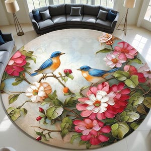Round Floral Bird Rug – Custom Printed Nature Rug for Living Room – Colorful Botanical Art Floor Rug – Blue Bird Blossom Rug, Round Rug