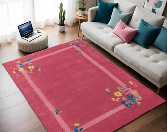 Tapis bohème floral rose : tapis botanique vintage