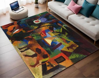 May include: Abstract art rug with a colorful geometric design featuring shades of red, yellow, blue, green, and brown. The rug has a modern and contemporary style.