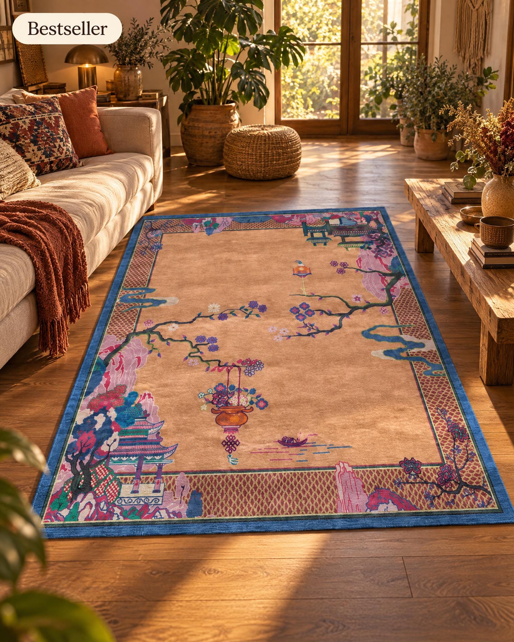 Chinese Art Deco Style Rug, Antique Look, Washable Non-slip